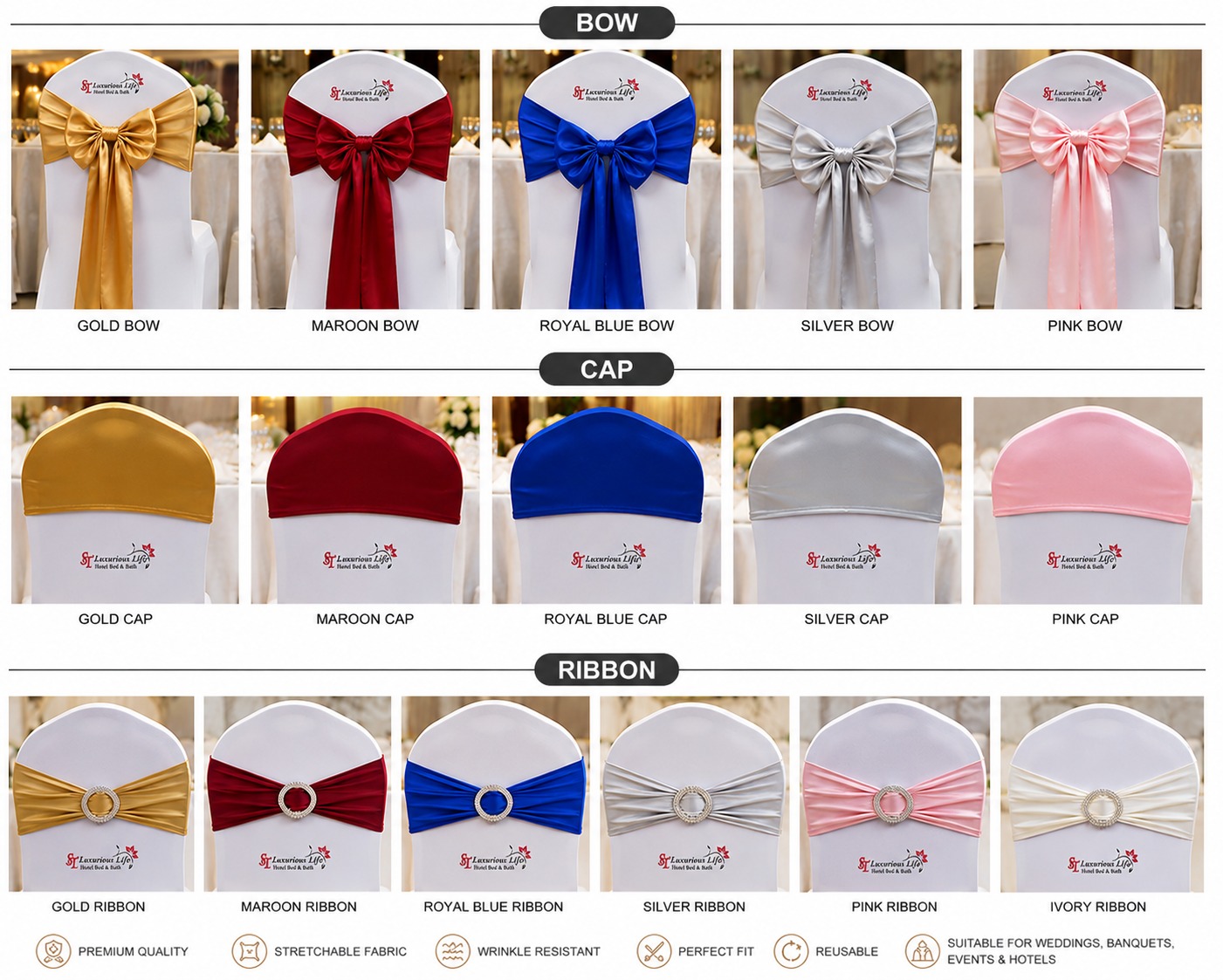 Luxury Banquet Chair Sashes, Caps & Bows